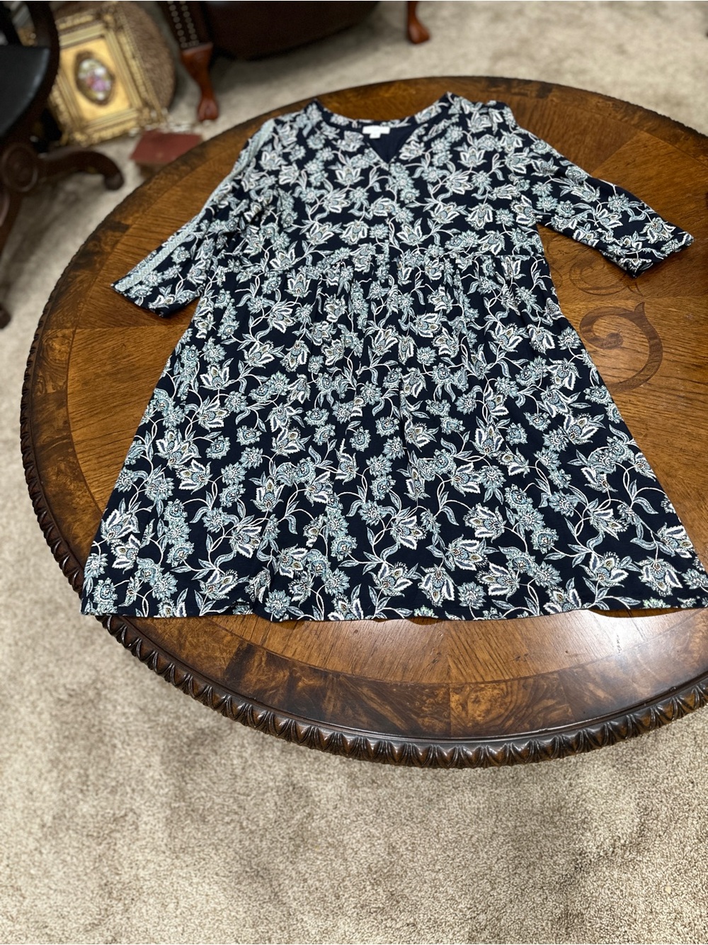 J. Jill Navy Floral Paisley Empire Waist Dress M Petite Boho Cottagecore 3/4 Slv - Picture 7 of 10
